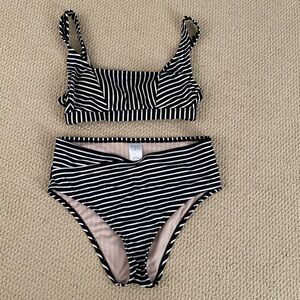 Kona Sol Striped High-Waisted Bikini with Square Neckline Top